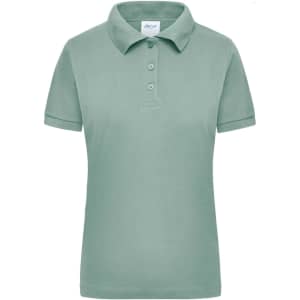 A women's polo shirt in a soft green colour with a classic collar and button placket, featuring a logo.