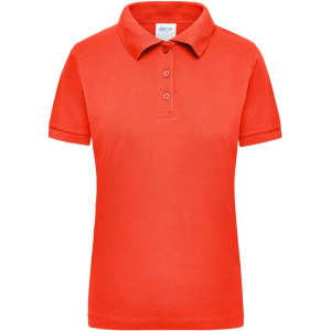 An orange women's polo shirt with a collared neckline and three-button placket, featuring a logo.
