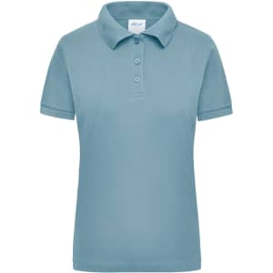 A light blue women's polo shirt with a collar and three-button placket, featuring a logo.