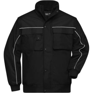 A black workwear jacket with two front pockets, white detailing, and a high collar. It features a logo on the front.