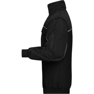 A black workwear jacket with a high collar and elastic cuffs, featuring a pocket on the arm and visible stitching details.