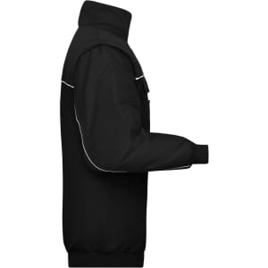 A black workwear jacket featuring a zip-up collar and piping detail, with a logo on the front.