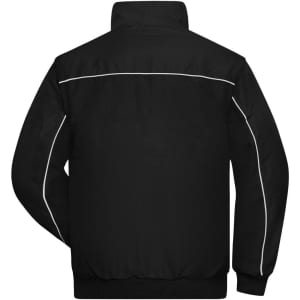 A black work jacket featuring a high collar and contrasting white piping on the back. It has a logo or branding.