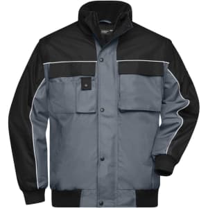 A workwear jacket featuring a grey and black design, with multiple pockets and a logo on the chest area.