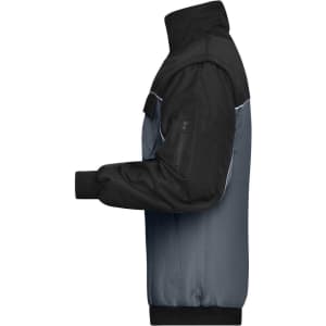 A workwear jacket in black and grey with a zip closure and a logo on the sleeve.