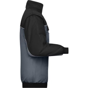 A workwear jacket in black and grey, featuring a zip front and a high collar. It has branding on the left chest.