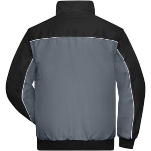 A workwear jacket featuring a grey body with black accents and a high collar. It has contrasting piping and a logo.