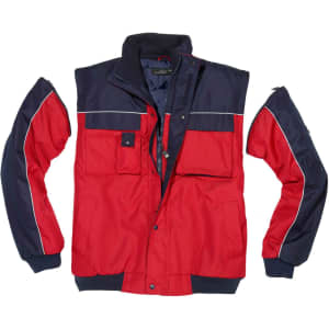 A red and navy workwear jacket featuring multiple pockets and a zippered front, with a logo on the chest.