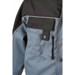 A blue and black workwear jacket featuring a pocket and contrasting stitching. It has a logo on one side.