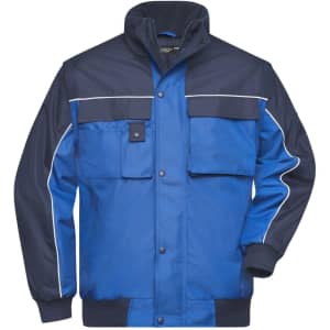 A blue work jacket featuring a navy collar and multiple pockets, with a logo on the chest area.