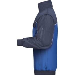 A blue and grey workwear jacket featuring a zippered front and a logo on the sleeve.
