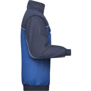 A blue and navy work jacket with a zip front and a logo on the chest area, featuring elastic cuffs.