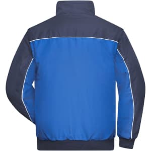 A blue workwear jacket with navy accents and a logo on the back.