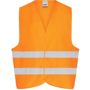 An orange safety vest for adults with three reflective white stripes, featuring no logos or text.