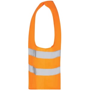 An orange safety vest with reflective white stripes, designed for adults. It features a sleeveless design and includes a logo.