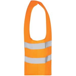 An orange safety vest with reflective stripes, designed for adults, featuring a sleeveless design and a logo.