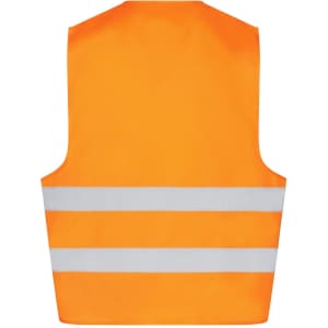 An orange safety vest with two reflective stripes, designed for visibility and safety. It has a branding logo.