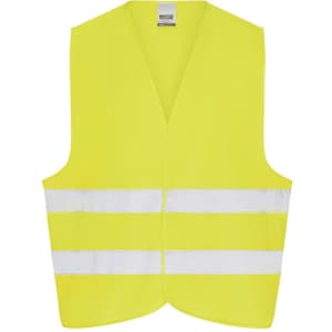 A bright yellow safety vest with reflective white stripes, designed for adult use, featuring a simple, sleeveless design.