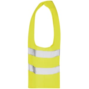 A bright yellow safety vest with reflective strips, featuring a sleeveless design and a logo.