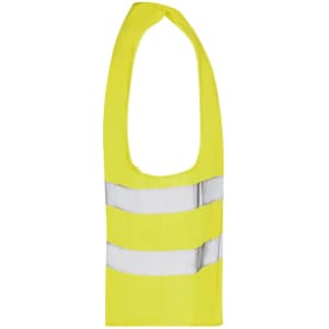 A bright yellow safety vest with reflective stripes and a logo on it. Designed for adult use in safety environments.