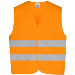 An orange safety vest with reflective strips, designed for visibility and safety. Includes branding on the label.
