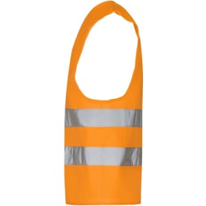 An orange safety vest featuring two horizontal silver reflective stripes. The vest has a sleeveless design.