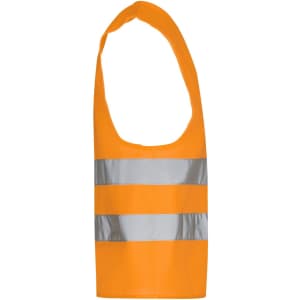 An orange safety vest featuring two reflective silver stripes and a sleeveless design. It includes a logo.