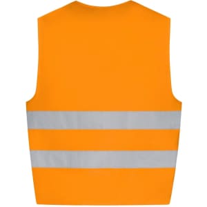 An orange safety vest for kids featuring three reflective stripes. The vest has no sleeves and a plain back.
