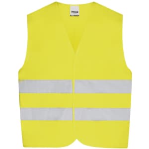 A bright yellow safety vest with reflective silver strips, designed for children's safety wear. It features a logo.