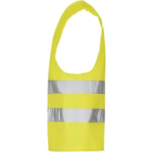 A bright yellow safety vest for kids featuring three reflective silver stripes. The vest has a sleeveless design and includes a logo.