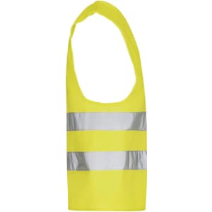 A bright yellow safety vest with three reflective stripes and an open design. It features a logo near the neckline.