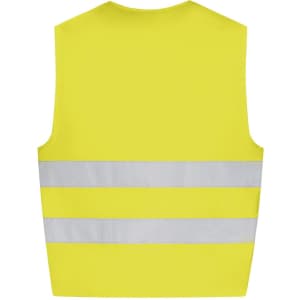 A bright yellow safety vest featuring reflective stripes. It has a simple design and includes a branding logo.