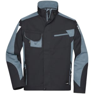 A black and grey workwear jacket featuring multiple pockets and a logo. Suitable for various work environments.