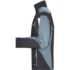 A workwear jacket in black and light blue with a side view, featuring multiple pockets and a logo.
