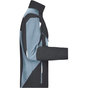 A workwear jacket featuring a combination of light blue and black colours, with a streamlined design and a logo.
