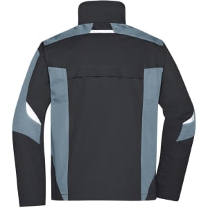 A Workwear Jacket in black and grey with reflective details and a high collar, featuring a logo on the back.