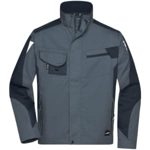 A grey workwear jacket with navy accents, featuring multiple pockets and a zip-front closure.