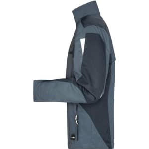 A workwear jacket in shades of blue and grey, featuring a side view with various panel designs and a logo.