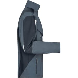 A workwear jacket in shades of dark grey with contrasting black panels and a logo.