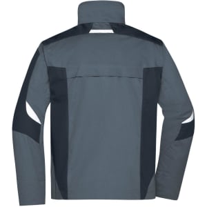 A grey workwear jacket with dark navy panels at the back and arms, featuring a logo.