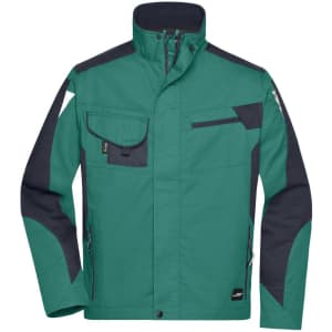 A green and navy workwear jacket with multiple pockets and a high collar. It features a logo on the front.