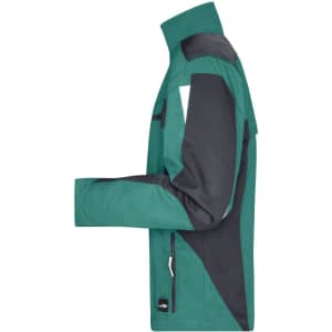 A workwear jacket in teal and black with a modern design, featuring a logo and a structured collar.