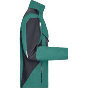 A teal and black workwear jacket featuring a zip and multiple pockets, with logo branding on the fabric.