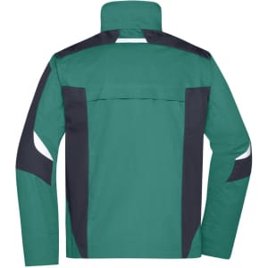 A workwear jacket in teal and navy, featuring a back view with reflective detailing and a logo.