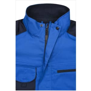 A blue workwear jacket with a zippered front, high collar, and pockets. The jacket features black detailing.