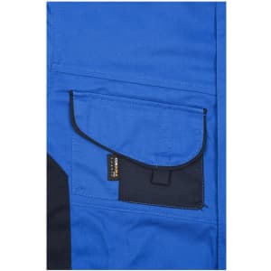 A blue workwear jacket featuring a front pocket and a logo. The fabric appears durable and practical.