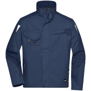 A navy workwear jacket featuring multiple pockets and a zipper closure, with a logo on the garment.