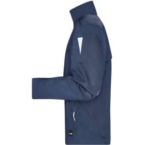 A navy blue workwear jacket featuring a zip front and reflective details, showcasing a side view.