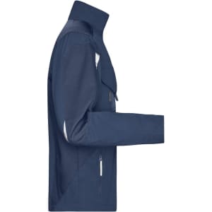 A navy blue workwear jacket with a high collar and zippered pockets, featuring a logo.