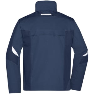 A navy blue workwear jacket featuring reflective panels and a high collar, with a logo present.